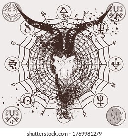 Abstract banner with a horned goat skull on a background of occult and witchcraft signs. Monochrome vector illustration in grunge style with satanic symbols and magic signs