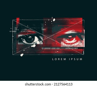 Abstract banner with human eyes and place for text on a black background. Digital vision. Security technology and surveillance. Creative vector illustration in modern style. Digital eye recognition