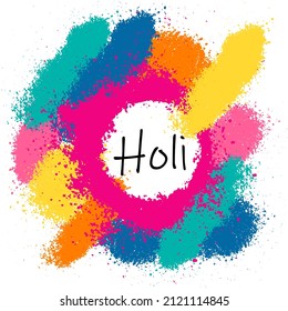 abstract banner for the Indian holiday of the beginning of spring Holi. multicolored powders form a frame with the inscription holi. invitation template, congratulations with a place for text. EPS 10.