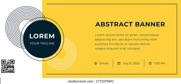 Abstract banner with logo and contact information on yellow background. Vector template for webinar, conference, e-mail, flyer, meetup, party, event, web header