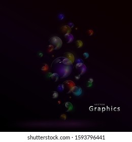 Abstract banner with multi-colored glass balls. Colored flying bubbles on  dark background