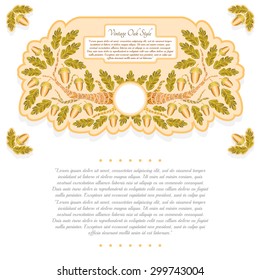 Abstract banner from oak branch leaves and acorn on white. wedding style background