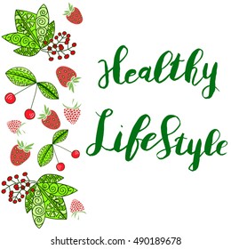 abstract banner with painted berries and the words a healthy lifestyle, cover design, flyers, leaflets