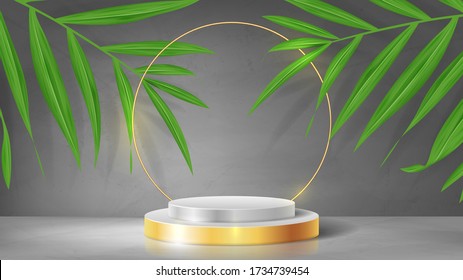 Abstract banner with pedestal and gold circle. 3d podium with golden circle. Abstract background for promotion goods. Vector illustration with blank space and tropical palm leaves. Mockup template.
