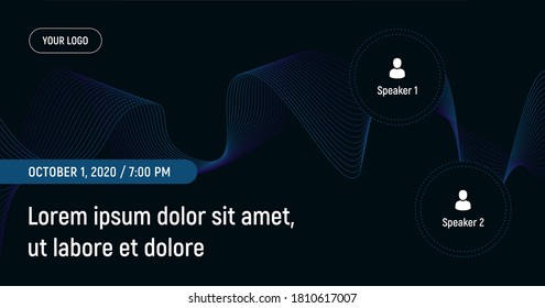 Abstract banner with photo frames of speakers and contact data on a dark background. Dark blue vector template for the webinar, conference, e-mail, flyer, meetup, party, event, web-header.