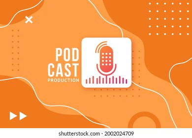 Abstract banner for a podcast. Studio microphone button on a bright orange background in memphis style. Vector design template.