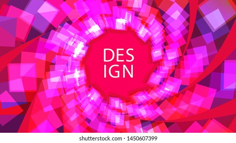 Abstract banner or poster background. 3d futuristic circular motion of modern geometric shapes. Fresh bright color wallpaper design. Banner design in pink, red and blue colors. Vector illustration.
