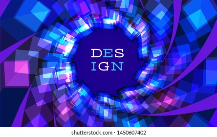 Abstract banner or poster background. 3d futuristic circular motion of modern geometric shapes. Fresh bright color wallpaper design. Banner design in purple and blue colors. Vector illustration.