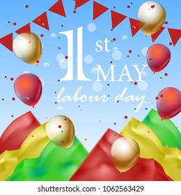 Abstract banner or poster for May 1st or Labour Day with ballons, flags and confetti