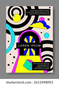 Abstract banner. Psychedelic card. Crazy universe. Geometric shapes. Concentric circles. Door to infinity. Cloud and bright cube. Crazy chaos space. Flying ball. Fantasy doorway. Vector surreal poster