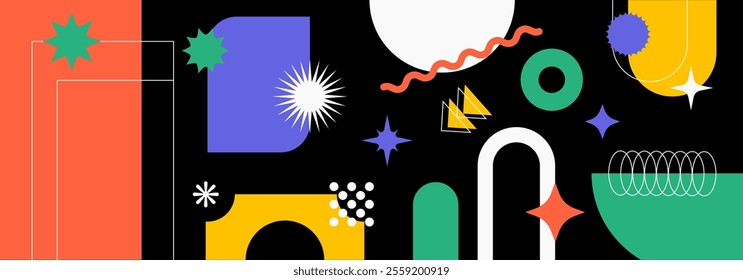 Abstract banner with retro shapes, basic brutal forms and figures in Y2K aesthetics, vintage stickers, logos, labels. Decorative design elements, vector illustration.