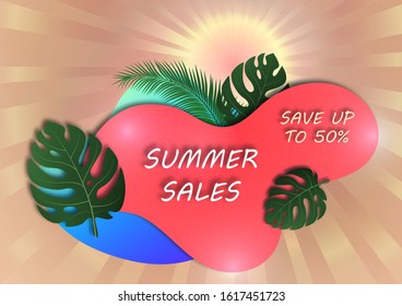 Abstract banner for seasonal summer sale. The sun, rays, monstera leaves and palm branches, wave geometric shapes. Vector illustration for your design.
