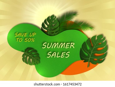 Abstract banner for seasonal summer sale. The sun, rays, monstera leaves and palm branches, wave geometric shapes. Vector illustration for your design.