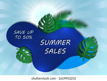 Abstract banner for seasonal summer sale. The sun, rays, monstera leaves and palm branches, wave geometric shapes. Vector illustration for your design.