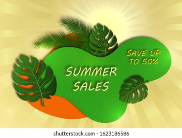 Abstract banner for seasonal summer sale. The sun, rays, monstera leaves and palm branches, wave geometric shapes. Vector illustration for your design.