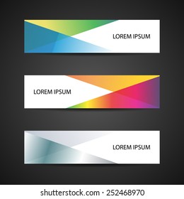 Abstract Banner Set – 3 Horizontal Geometric Designs with Placeholder Text and Gradient Colors. A set of three horizontal banners featuring abstract geometric patterns and the placeholder text "LOREM IPSUM." Each banner showcases a distinct color scheme and layout: the top uses blue, green, and yellow triangles with right-aligned text; the middle blends orange, pink, and purple shapes with left-aligned text; and the bottom presents a sleek metallic gradient in gray tones. These modern and versatile designs are ideal for use in digital media, web headers, print layouts, branding mockups, and presentation templates. Suitable for both commercial and editorial use.