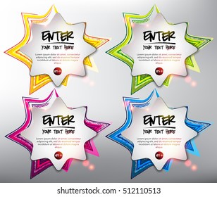 Abstract banner set of 4. White paper stars on the hand-drawn watercolor design. Isolated on the white background. Each item contains space for own text. Vector illustration