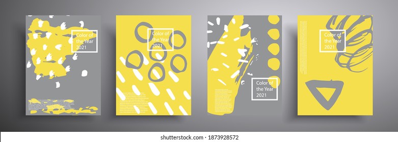Abstract banner, set of four creative minimalistic illustrations in gray and yellow color. Trendy colors of 2021. Vector background for cards, covers, invitations