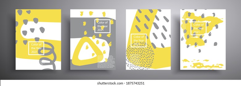 Pancarta abstracta, un conjunto de cuatro ilustraciones minimalistas creativas en gris y amarillo. Colores de moda de 2021. Fondo vectorial para tarjetas, cubiertas, invitaciones