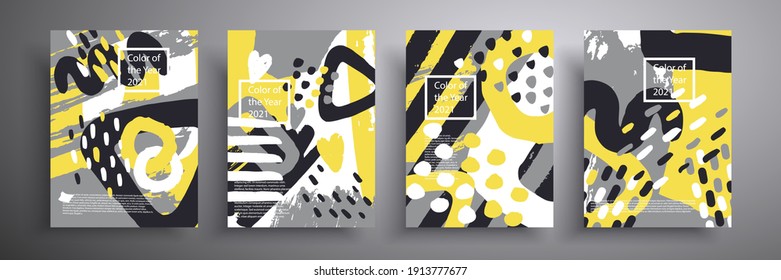 Abstract banner, set of four creative minimalistic illustrations in gray and yellow color. Trendy colors of 2021. Vector background for cards, covers, invitations