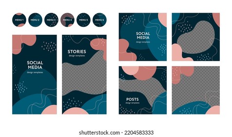 Abstract banner and social media post template set. Vector colorful trendy design illustration. Collection of black and pink frame with geometric shape and line on nature background