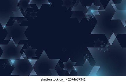 Abstract banner with stars of six points -or Stars of David- and glows over dark blue background.
