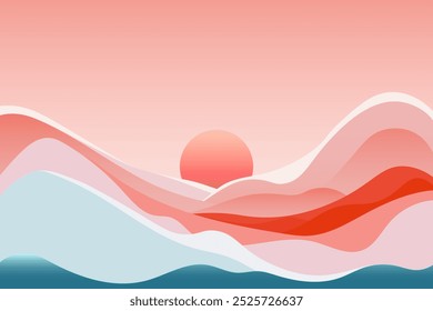 Banner abstrato com Pôr do sol sobre montanhas em um estilo gradiente. Conceito de tranquilidade e natureza. Ilustração vetorial