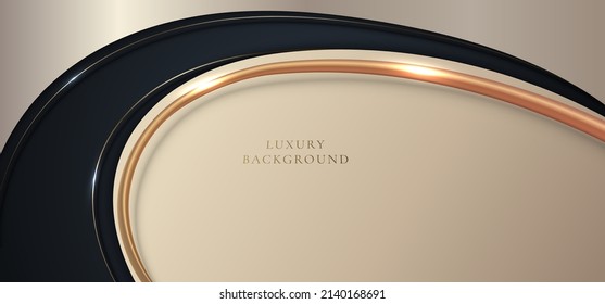 Resumen de la plantilla de banner 3D elegante forma de curva dorada con brillante línea curva dorada y brillante iluminación sobre el fondo azul oscuro estilo lujoso. Ilustración del vector