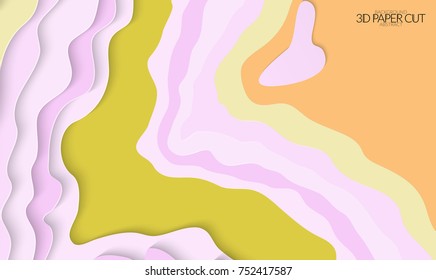 Abstract banner template with 3D paper cut art. Vector  paper cut layers create topography map concept or smooth origami paper carving craft. Wavy layered material design paper art poster.