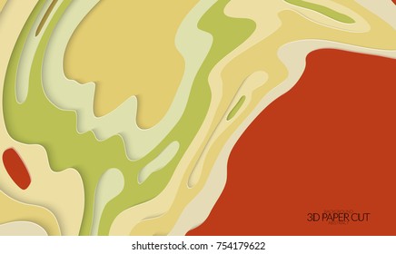 Abstract banner template with 3D paper cut art. Vector  paper cut layers create topography map concept or smooth origami paper carving craft. Wavy layered material design paper art poster.