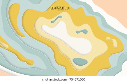 Abstract banner template with 3D paper cut art. Vector  paper cut layers create topography map concept or smooth origami paper carving craft. Wavy layered material design paper art poster.
