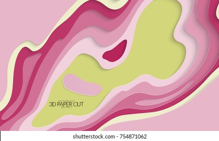 Abstract banner template with 3D paper cut art. Vector  paper cut layers create topography map concept or smooth origami paper carving craft. Wavy layered material design paper art poster.