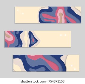 Abstract banner template with 3D paper cut art. Vector  paper cut layers create topography map concept or smooth origami paper carving craft. Wavy layered material design paper art poster.