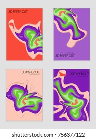 Abstract banner template with 3D paper cut art. Vector  paper cut layers create topography map concept or smooth origami paper carving craft. Wavy layered material design paper art poster.