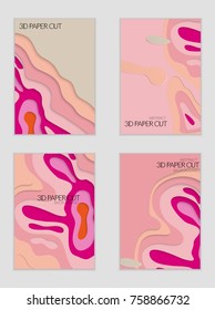 Abstract banner template with 3D paper cut art. Vector  paper cut layers create topography map concept or smooth origami paper carving craft. Wavy layered material design paper art poster.