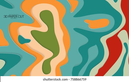 Abstract banner template with 3D paper cut art. Vector  paper cut layers create topography map concept or smooth origami paper carving craft. Wavy layered material design paper art poster.