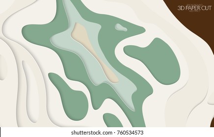 Abstract banner template with 3D paper cut art. Vector  paper cut layers create topography map concept or smooth origami paper carving craft. Wavy layered material design paper art poster.