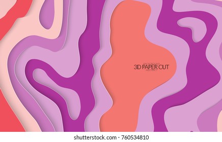 Abstract banner template with 3D paper cut art. Vector  paper cut layers create topography map concept or smooth origami paper carving craft. Wavy layered material design paper art poster.