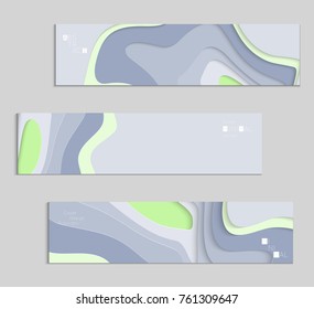 Abstract banner template with 3D paper cut art. Vector  paper cut layers create topography map concept or smooth origami paper carving craft. Wavy layered material design paper art poster.