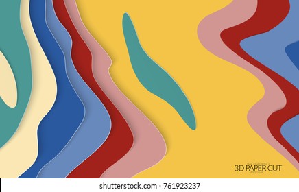 Abstract banner template with 3D paper cut art. Vector  paper cut layers create topography map concept or smooth origami paper carving craft. Wavy layered material design paper art poster.
