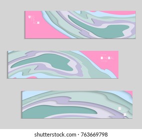 Abstract banner template with 3D paper cut art. Vector  paper cut layers create topography map concept or smooth origami paper carving craft. Wavy layered material design paper art poster.