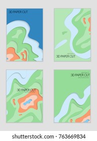Abstract banner template with 3D paper cut art. Vector  paper cut layers create topography map concept or smooth origami paper carving craft. Wavy layered material design paper art poster.