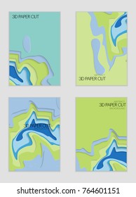Abstract banner template with 3D paper cut art. Vector  paper cut layers create topography map concept or smooth origami paper carving craft. Wavy layered material design paper art poster.