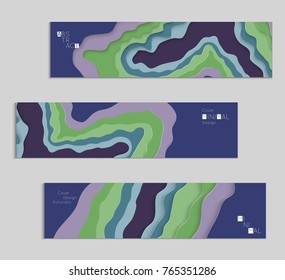 Abstract banner template with 3D paper cut art. Vector  paper cut layers create topography map concept or smooth origami paper carving craft. Wavy layered material design paper art poster.