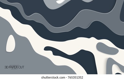 Abstract banner template with 3D paper cut art. Vector  paper cut layers create topography map concept or smooth origami paper carving craft. Wavy layered material design paper art poster.