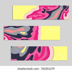Abstract banner template with 3D paper cut art. Vector  paper cut layers create topography map concept or smooth origami paper carving craft. Wavy layered material design paper art poster.
