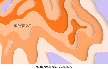 Abstract banner template with 3D paper cut art. Vector  paper cut layers create topography map concept or smooth origami paper carving craft. Wavy layered material design paper art poster.