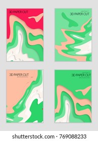 Abstract banner template with 3D paper cut art. Vector  paper cut layers create topography map concept or smooth origami paper carving craft. Wavy layered material design paper art poster.