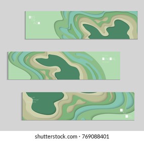 Abstract banner template with 3D paper cut art. Vector  paper cut layers create topography map concept or smooth origami paper carving craft. Wavy layered material design paper art poster.