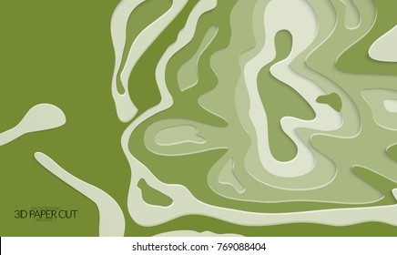 Abstract banner template with 3D paper cut art. Vector  paper cut layers create topography map concept or smooth origami paper carving craft. Wavy layered material design paper art poster.
